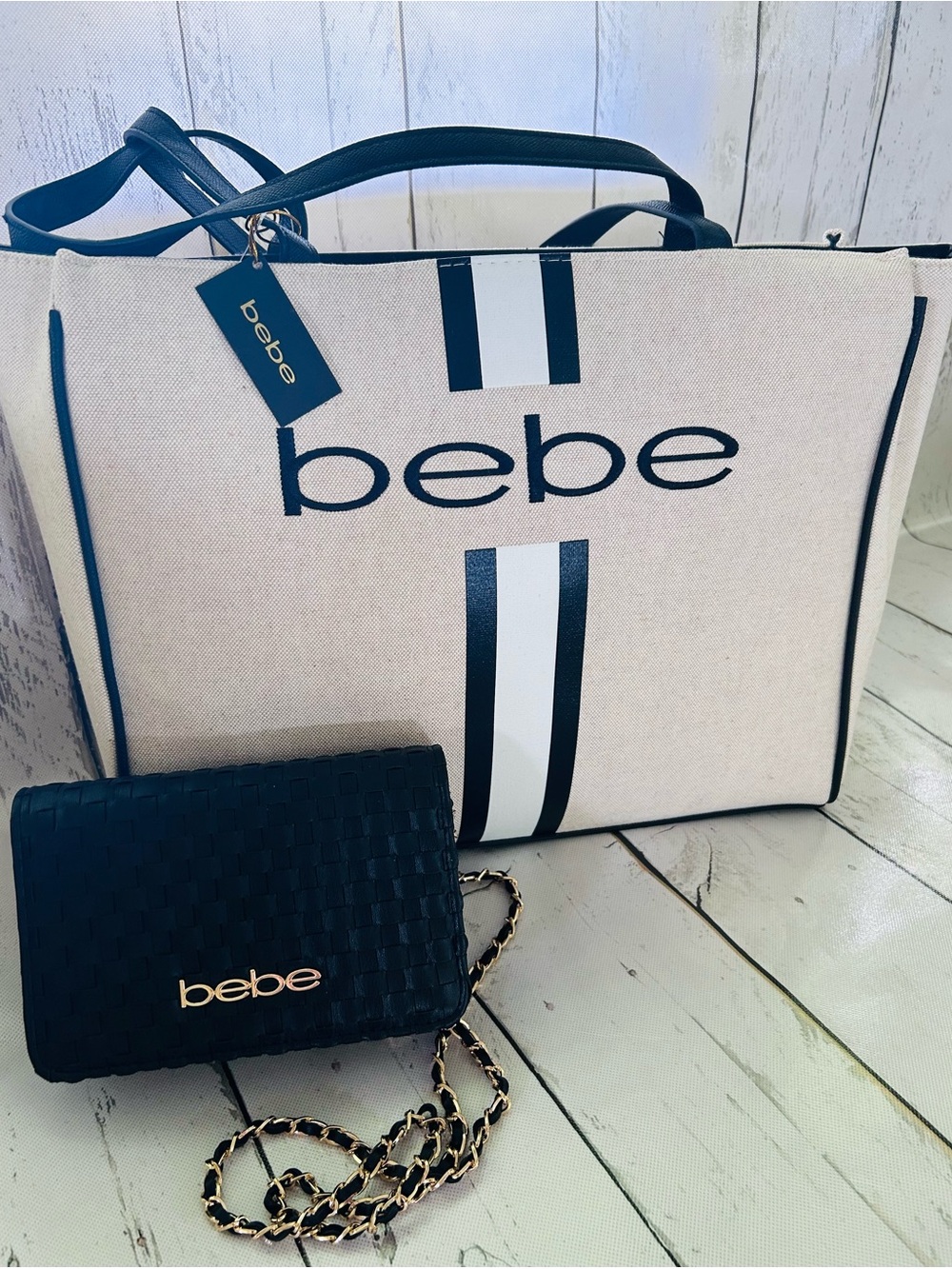 bebe Cream & Black Logo Tote with Black Crossbody Wallet Bundle